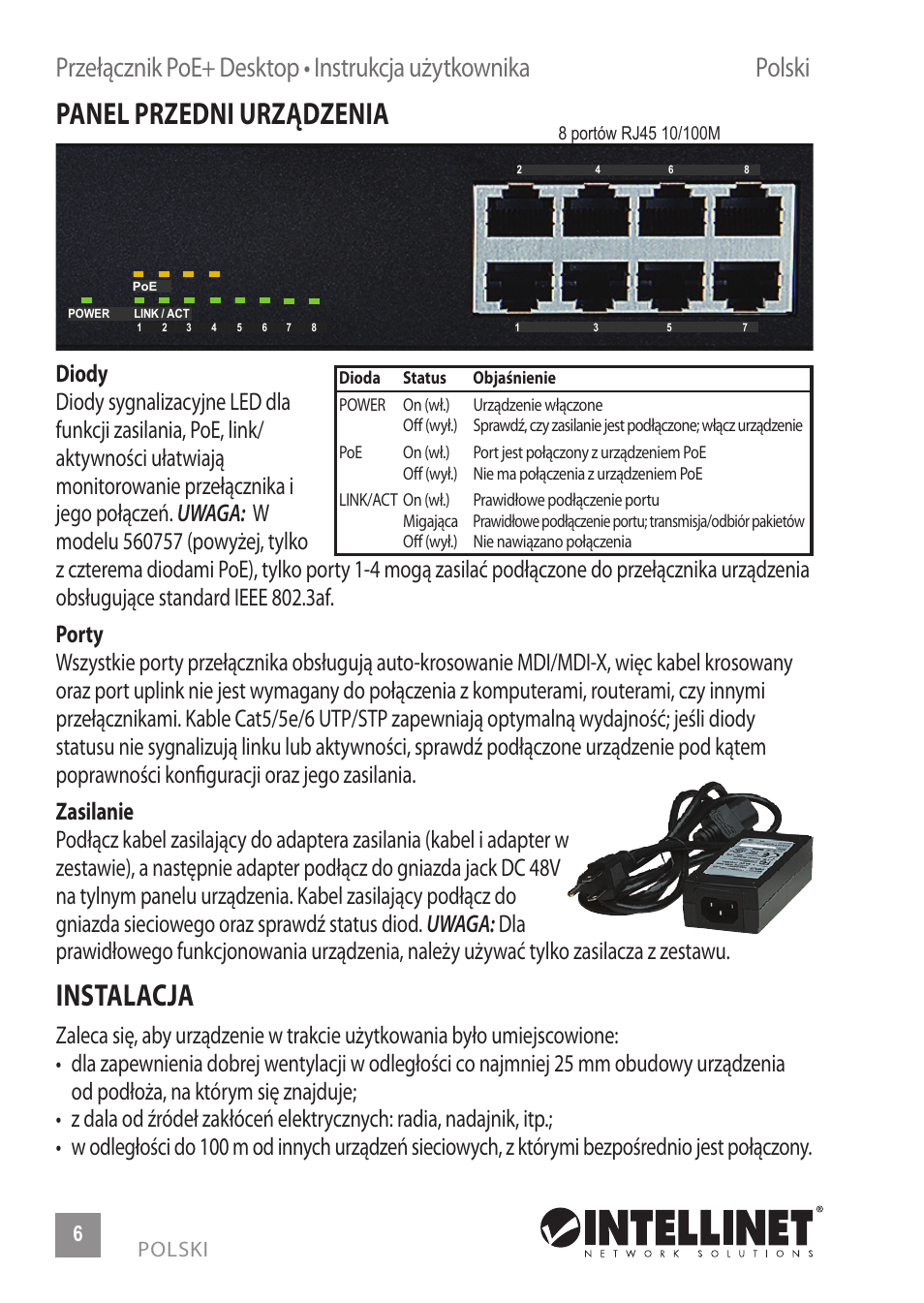 Panel przedni urządzenia, Instalacja | INTELLINET NETWORK 560764 4+4 PoE+ Office Switch User Manual | Page 6 / 12