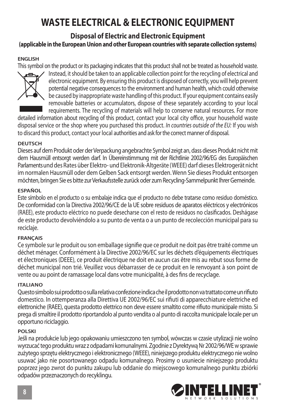 Waste electrical & electronic equipment | INTELLINET NETWORK 560764 4+4 PoE+ Office Switch User Manual | Page 8 / 12