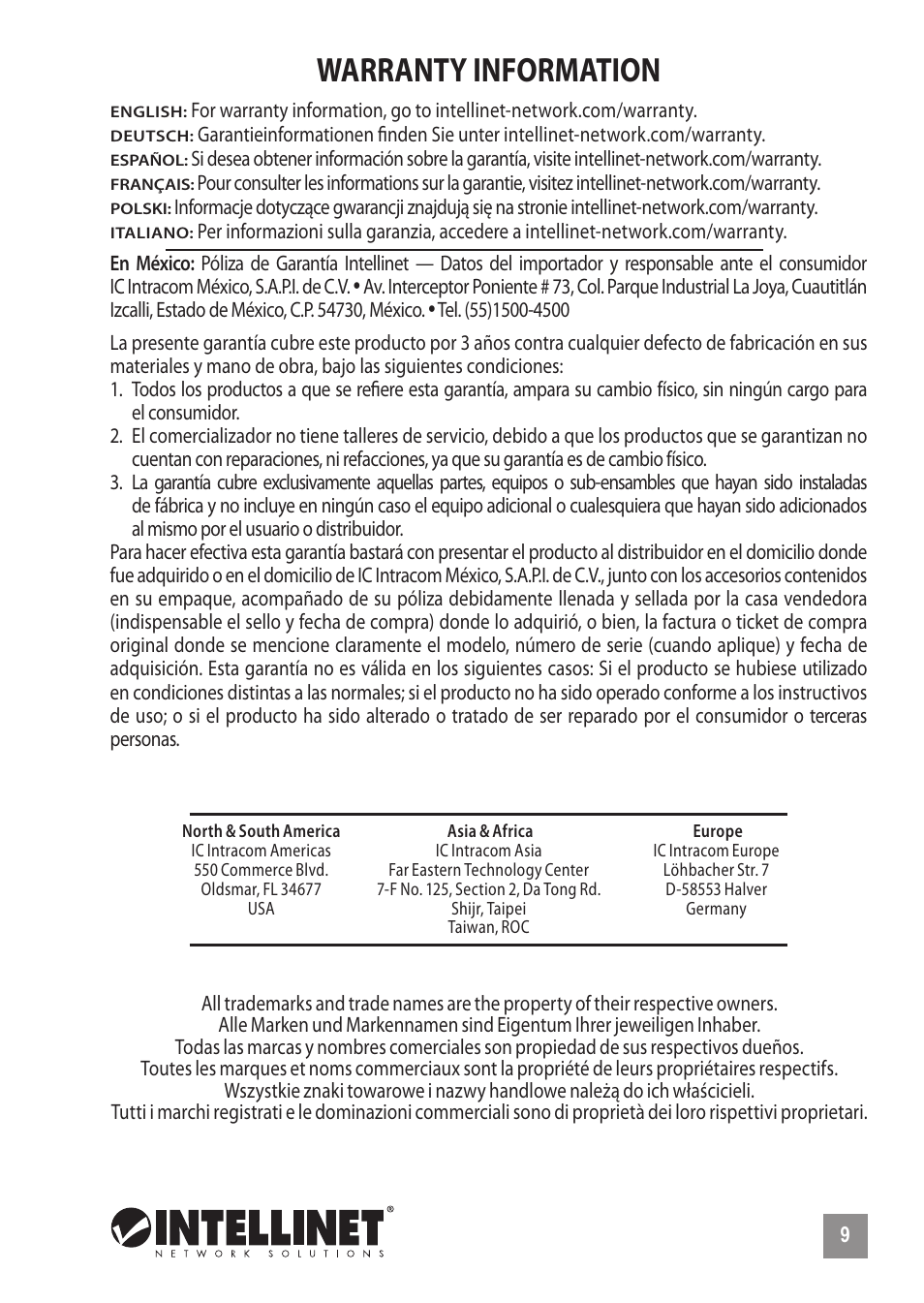 Warranty information | INTELLINET NETWORK 560764 4+4 PoE+ Office Switch User Manual | Page 9 / 12