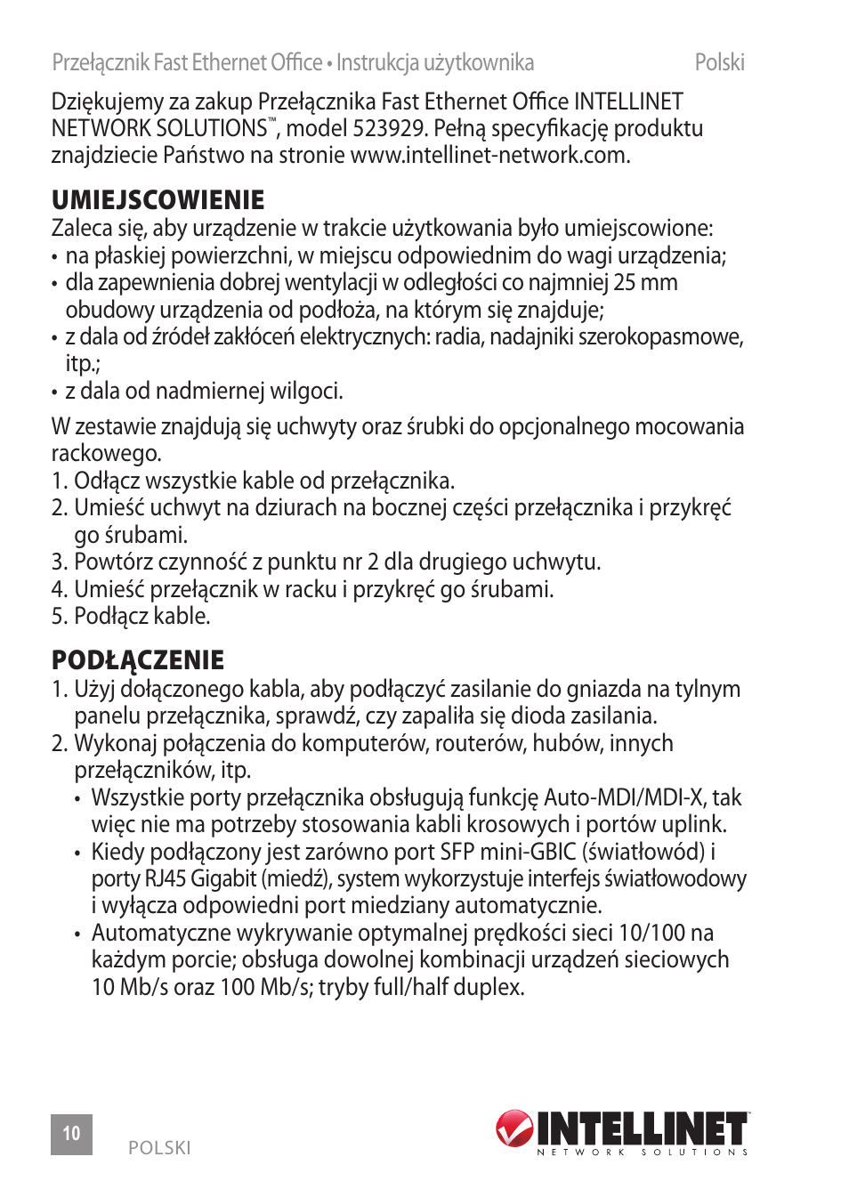 Umiejscowienie, Podłączenie | INTELLINET NETWORK 523929 Fast Ethernet Office Switch User Manual | Page 10 / 20