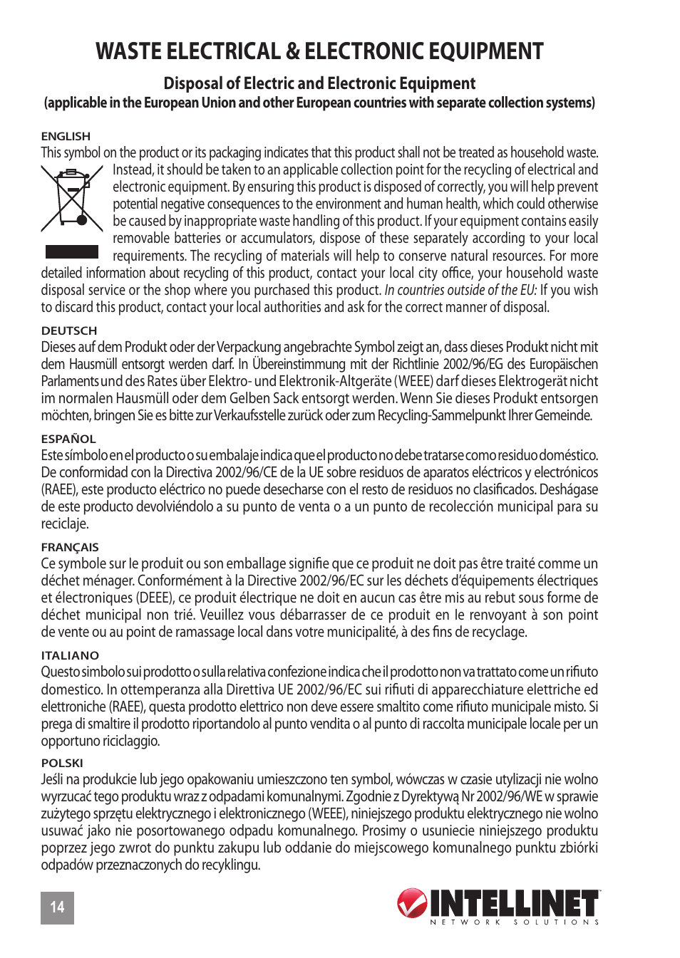 Waste electrical & electronic equipment | INTELLINET NETWORK 523929 Fast Ethernet Office Switch User Manual | Page 14 / 20