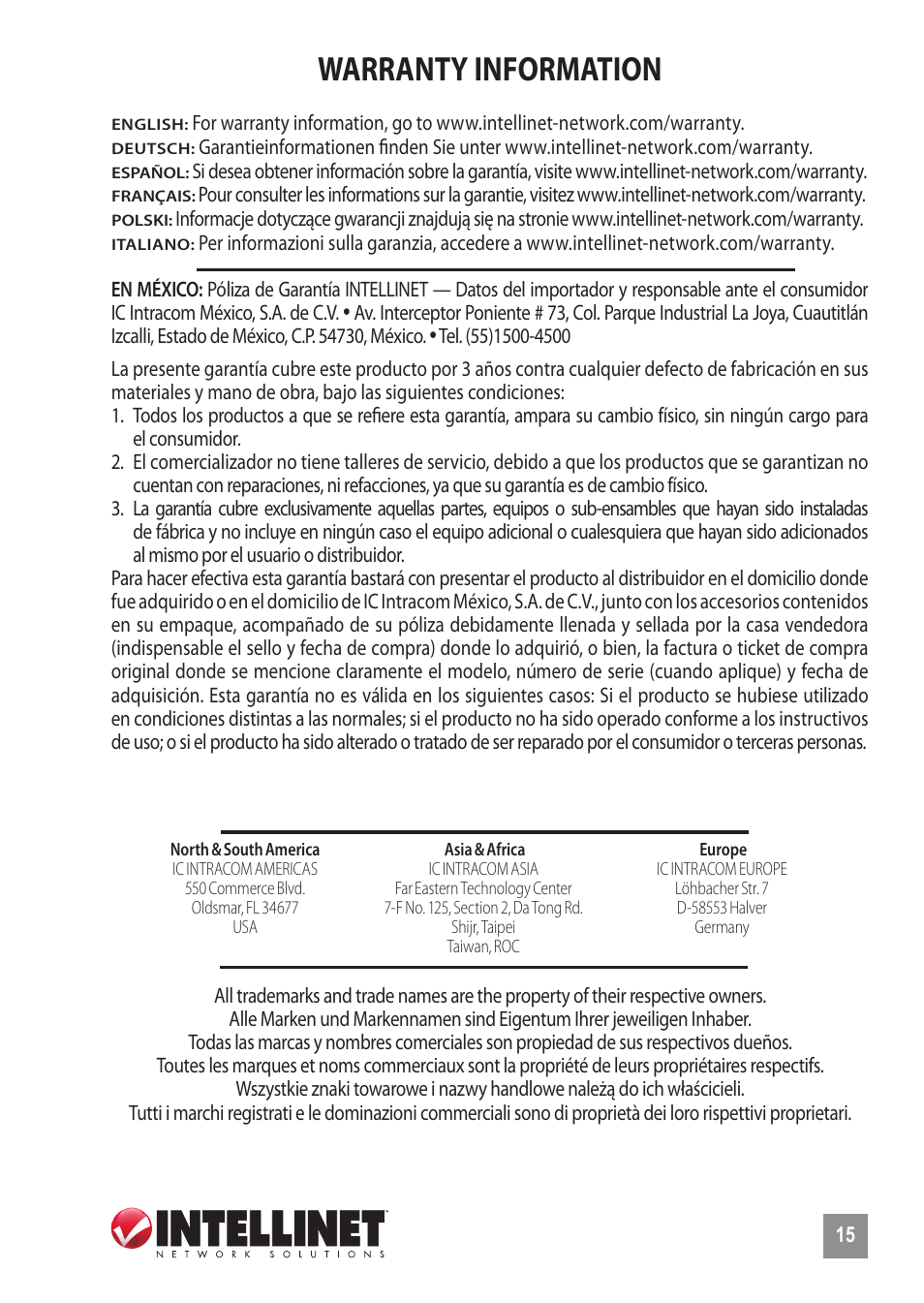 Warranty information | INTELLINET NETWORK 523929 Fast Ethernet Office Switch User Manual | Page 15 / 20