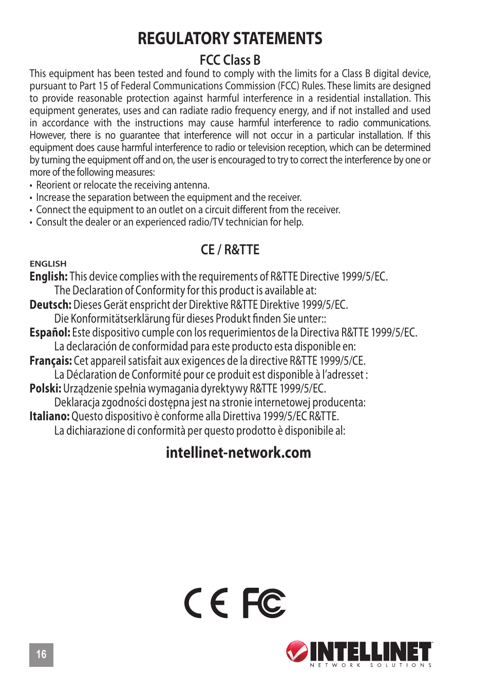 Regulatory statements, Fcc class b, Ce / r&tte | INTELLINET NETWORK 523929 Fast Ethernet Office Switch User Manual | Page 16 / 20