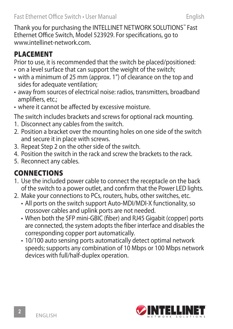 Placement, Connections | INTELLINET NETWORK 523929 Fast Ethernet Office Switch User Manual | Page 2 / 20