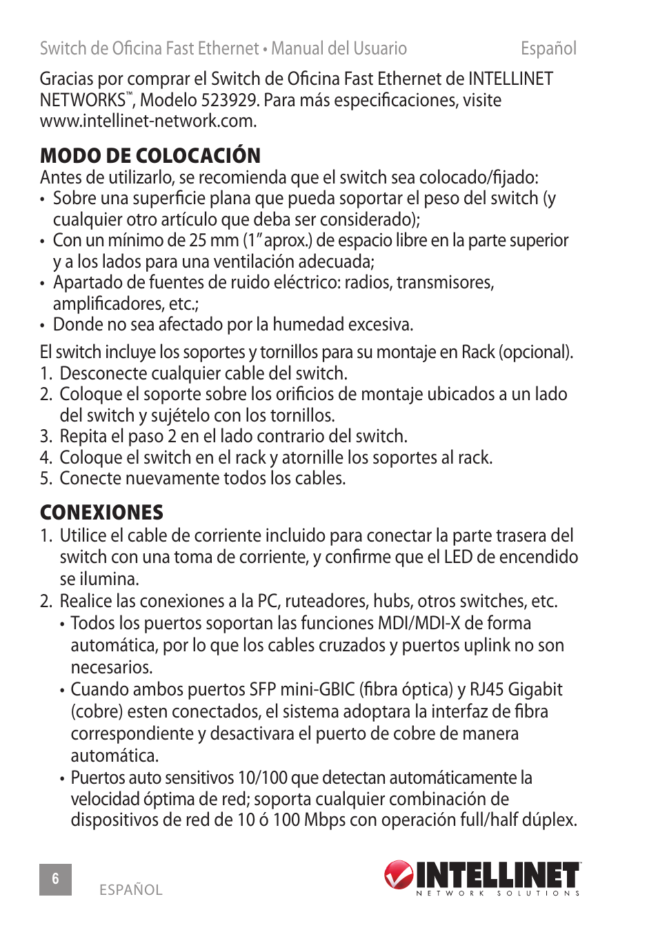 Modo de colocación, Conexiones | INTELLINET NETWORK 523929 Fast Ethernet Office Switch User Manual | Page 6 / 20