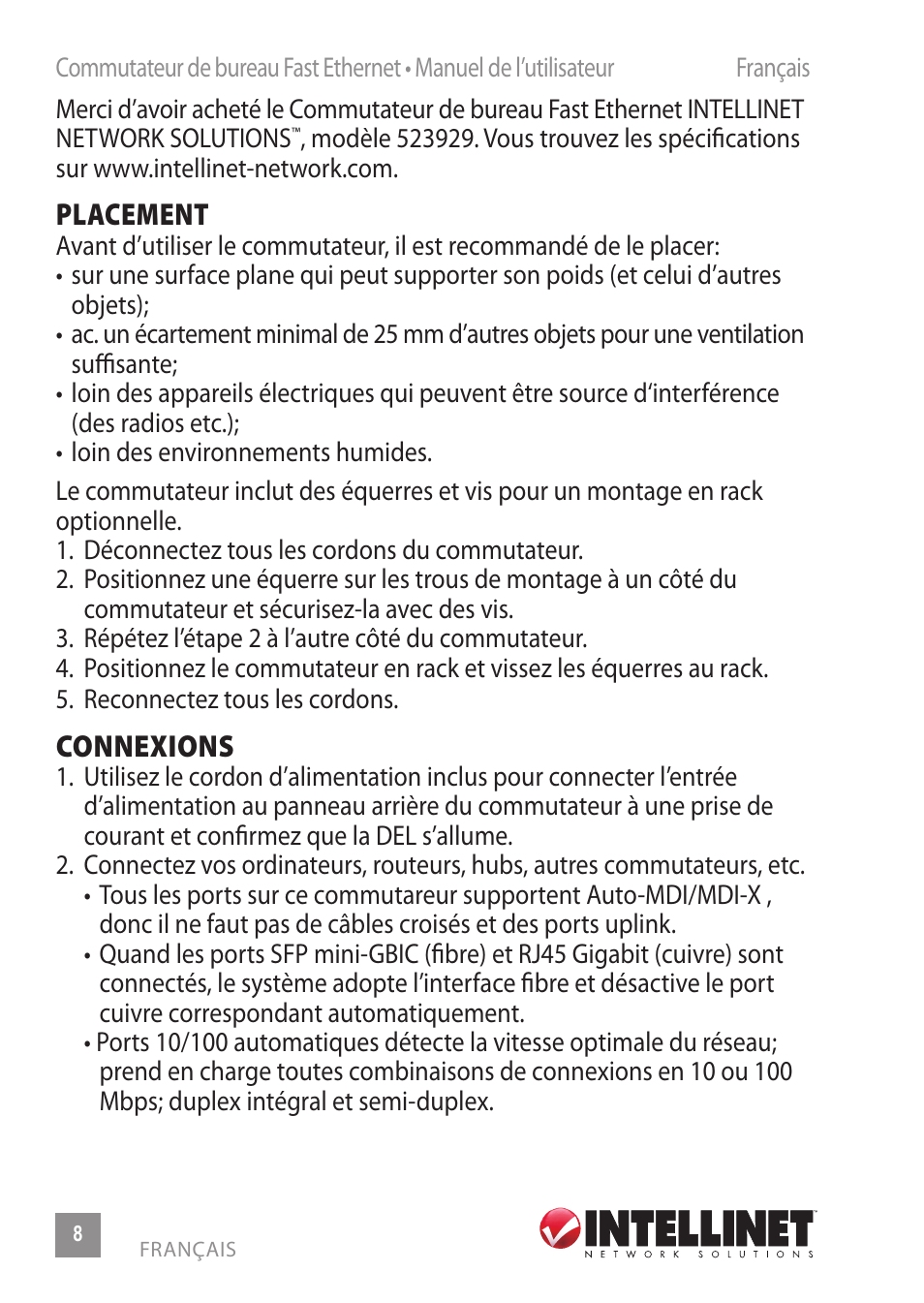 Placement, Connexions | INTELLINET NETWORK 523929 Fast Ethernet Office Switch User Manual | Page 8 / 20