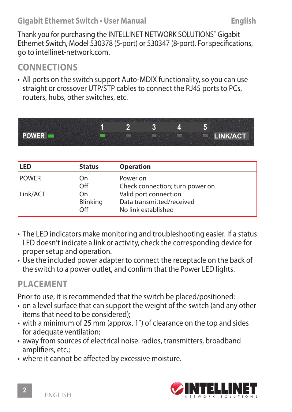 Connections, Placement, Gigabit ethernet switch • user manual english | INTELLINET NETWORK 530378 8-Port Gigabit Ethernet Switch User Manual | Page 2 / 12