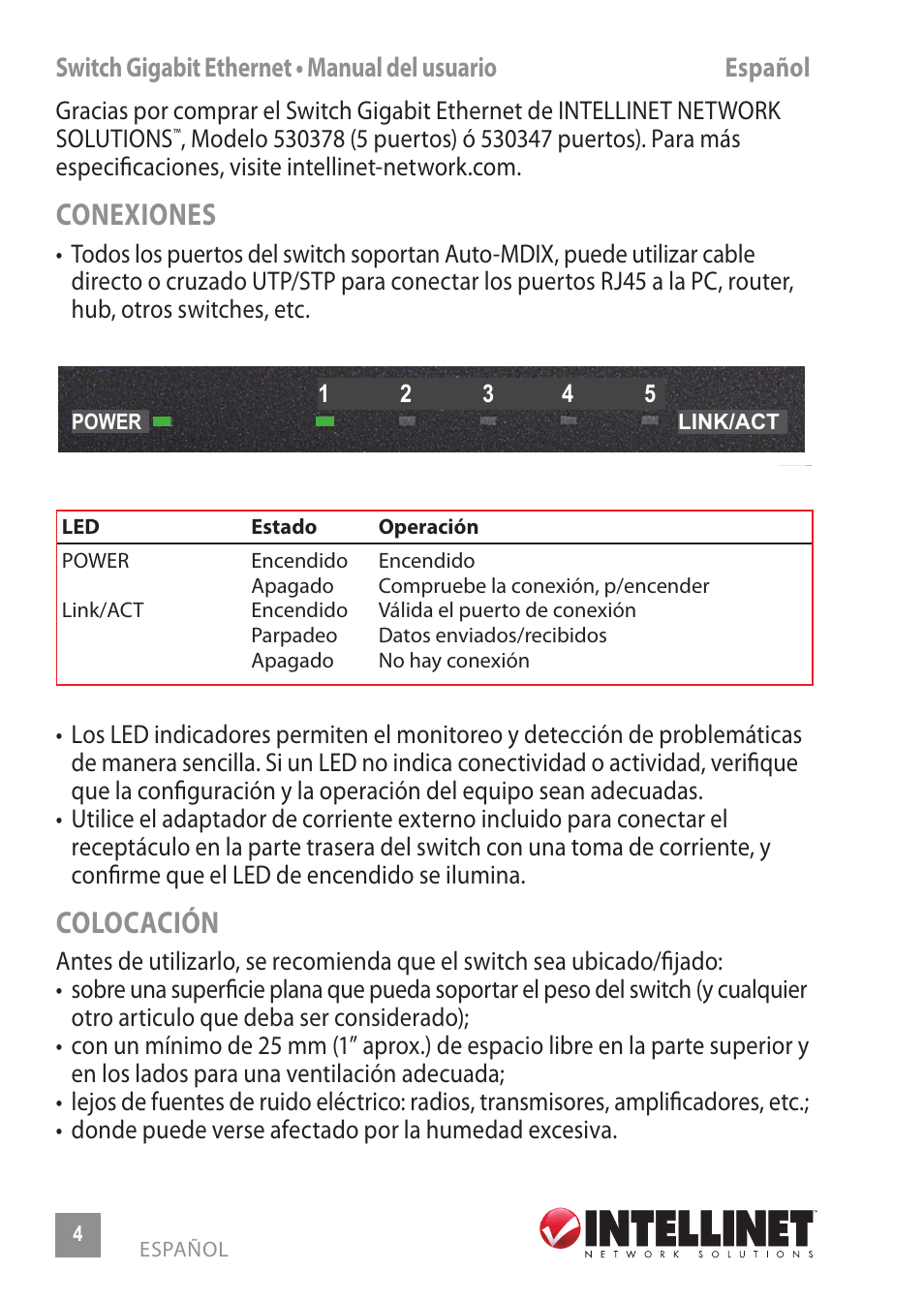 Conexiones, Colocación | INTELLINET NETWORK 530378 8-Port Gigabit Ethernet Switch User Manual | Page 4 / 12