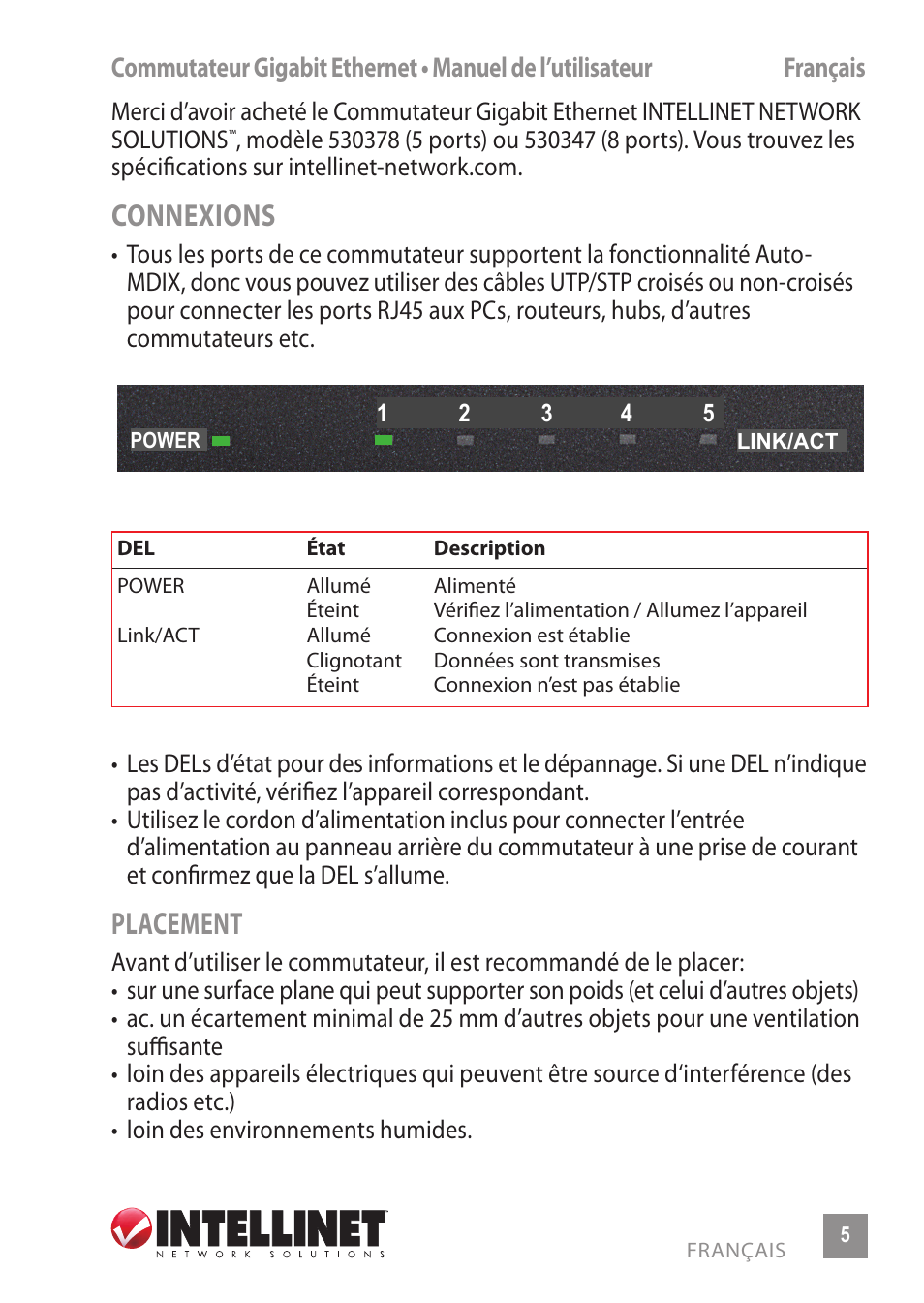 Connexions, Placement | INTELLINET NETWORK 530378 8-Port Gigabit Ethernet Switch User Manual | Page 5 / 12