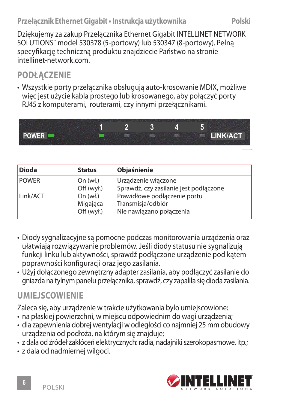 Podłączenie, Umiejscowienie | INTELLINET NETWORK 530378 8-Port Gigabit Ethernet Switch User Manual | Page 6 / 12