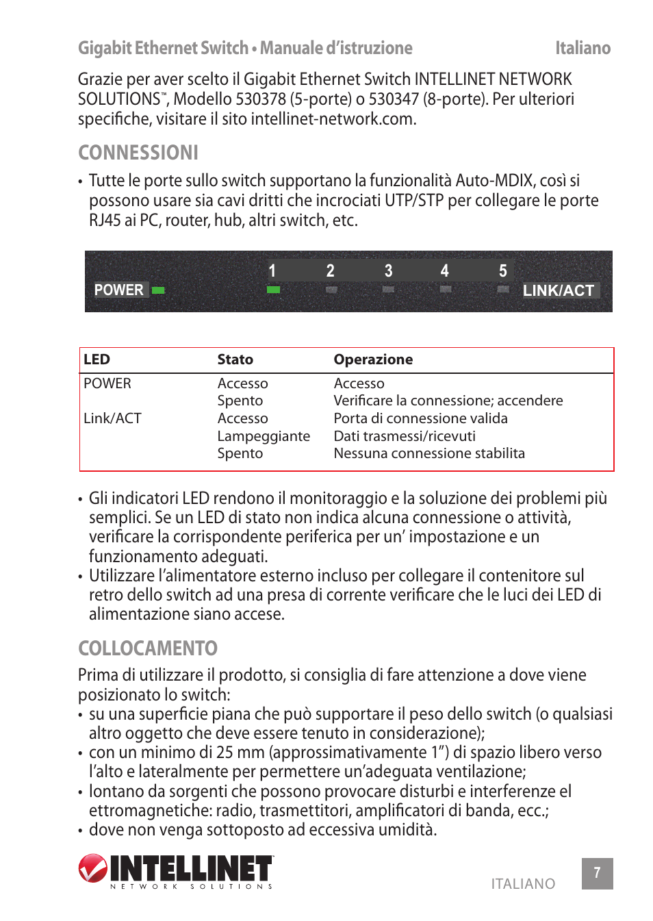 Connessioni, Collocamento | INTELLINET NETWORK 530378 8-Port Gigabit Ethernet Switch User Manual | Page 7 / 12
