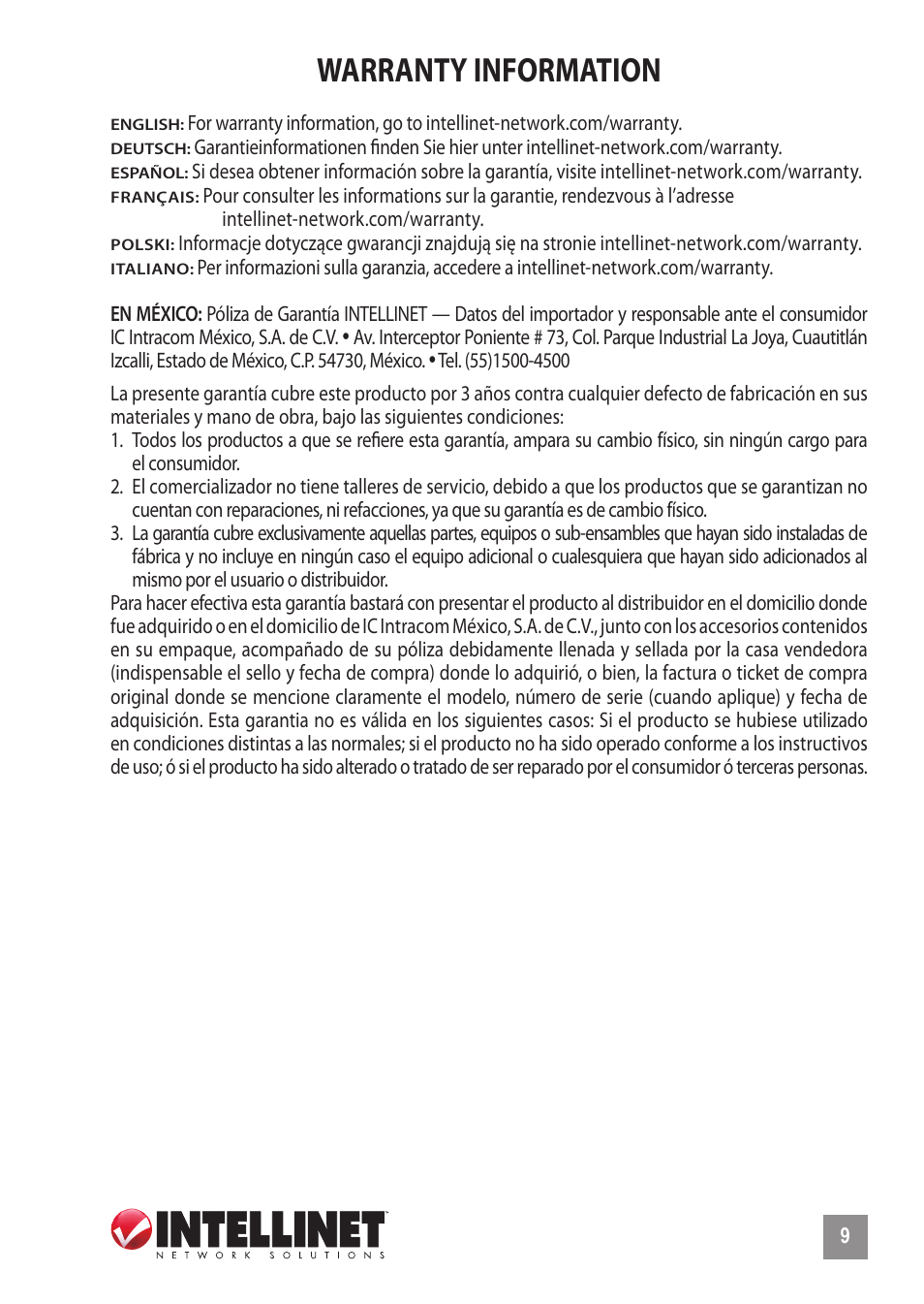 Warranty information | INTELLINET NETWORK 530378 8-Port Gigabit Ethernet Switch User Manual | Page 9 / 12