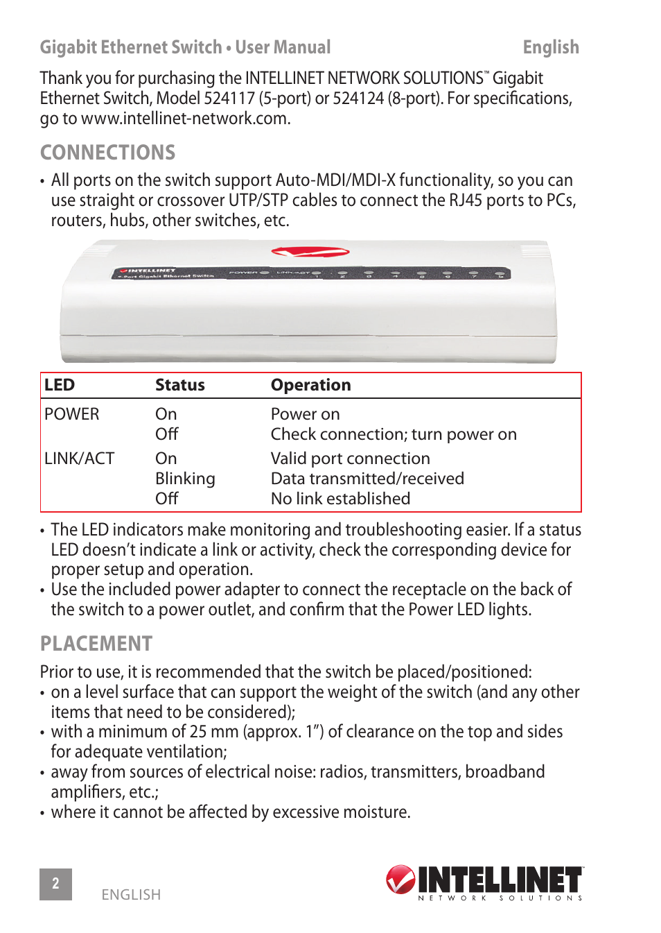 Connections, Placement | INTELLINET NETWORK 524117 8-Port Gigabit Ethernet Switch User Manual | Page 2 / 12