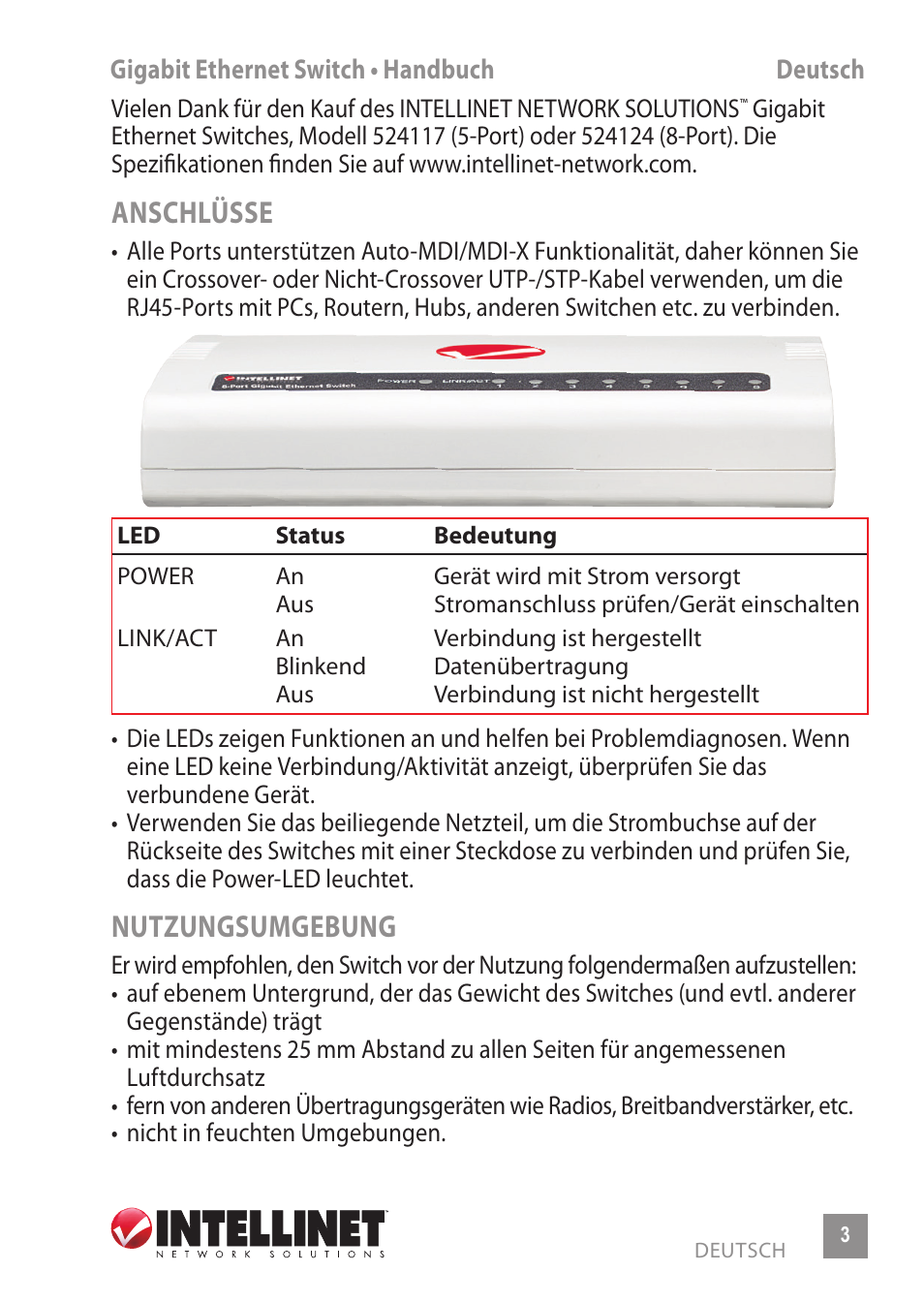 Anschlüsse, Nutzungsumgebung | INTELLINET NETWORK 524117 8-Port Gigabit Ethernet Switch User Manual | Page 3 / 12