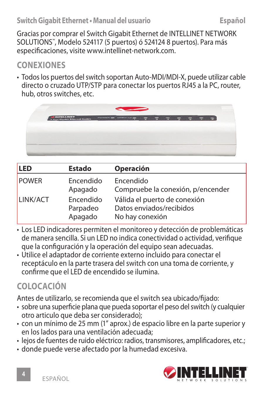 Conexiones, Colocación | INTELLINET NETWORK 524117 8-Port Gigabit Ethernet Switch User Manual | Page 4 / 12