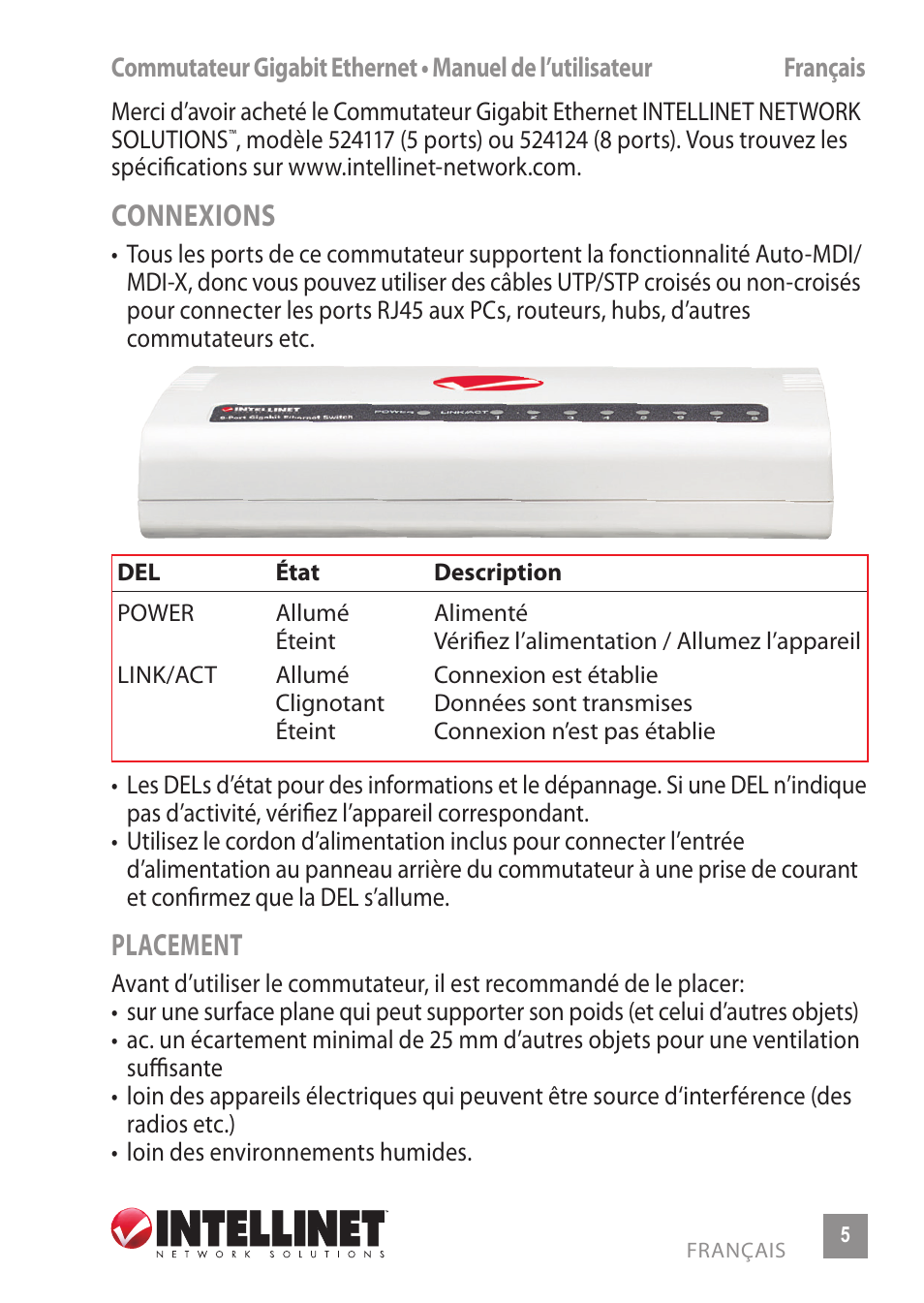 Connexions, Placement | INTELLINET NETWORK 524117 8-Port Gigabit Ethernet Switch User Manual | Page 5 / 12