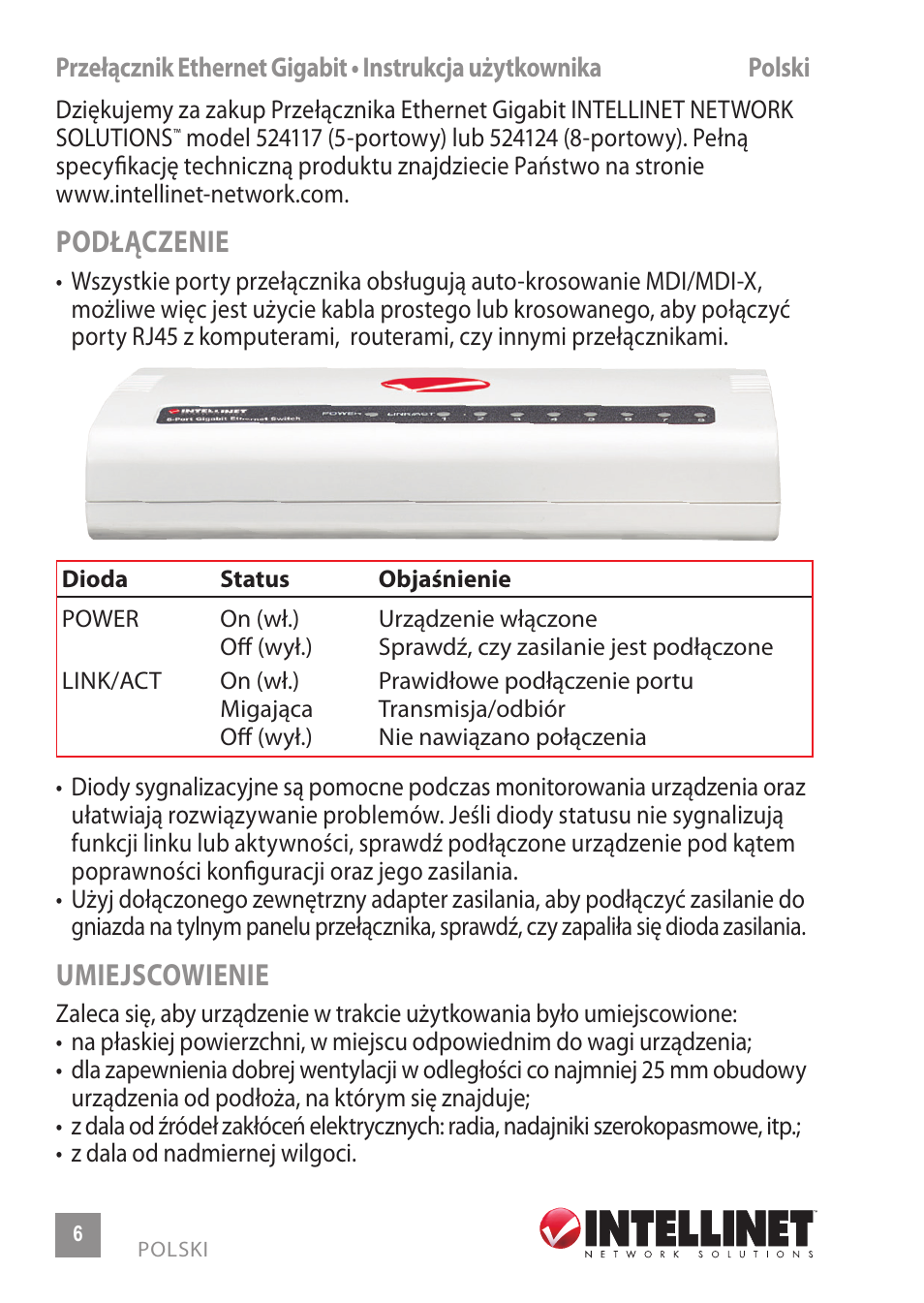 Podłączenie, Umiejscowienie | INTELLINET NETWORK 524117 8-Port Gigabit Ethernet Switch User Manual | Page 6 / 12