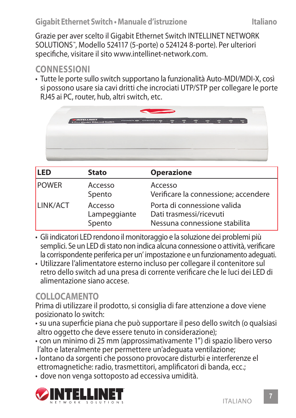 Connessioni, Collocamento | INTELLINET NETWORK 524117 8-Port Gigabit Ethernet Switch User Manual | Page 7 / 12