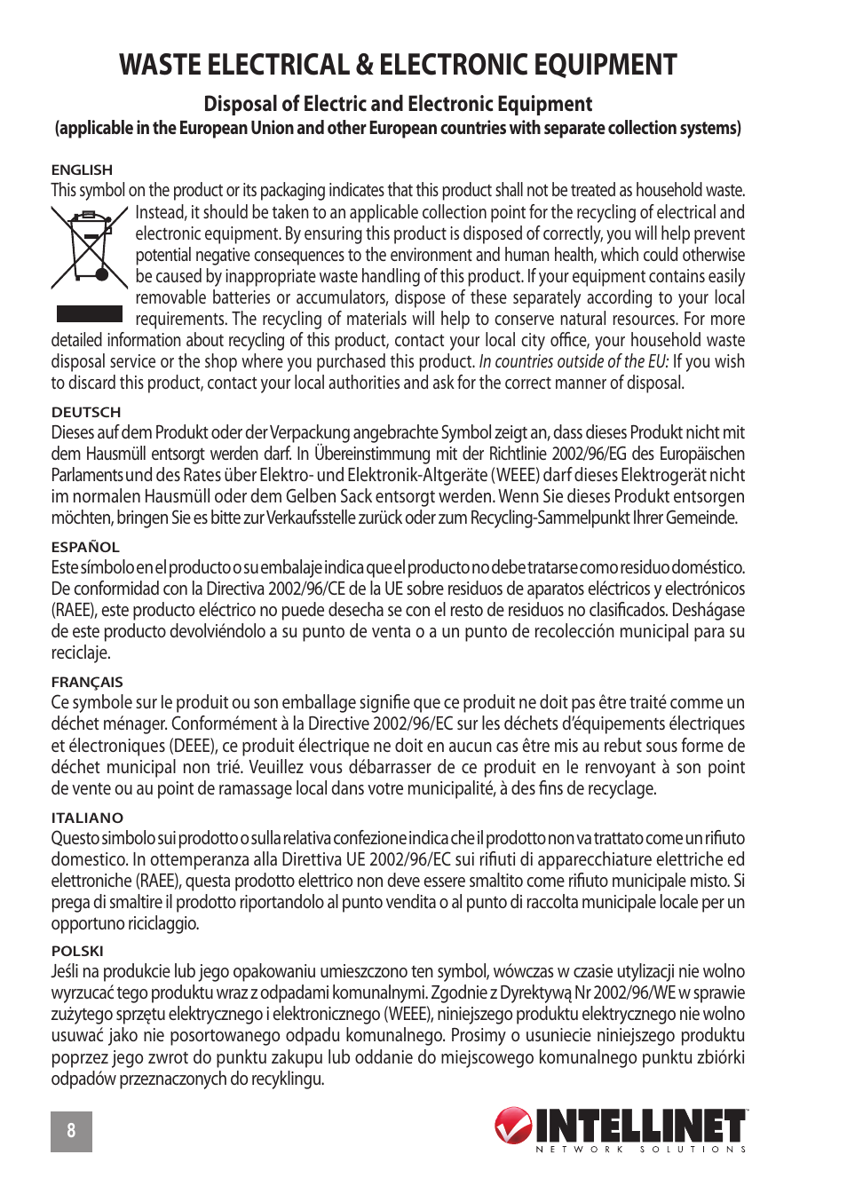 Waste electrical & electronic equipment | INTELLINET NETWORK 524117 8-Port Gigabit Ethernet Switch User Manual | Page 8 / 12