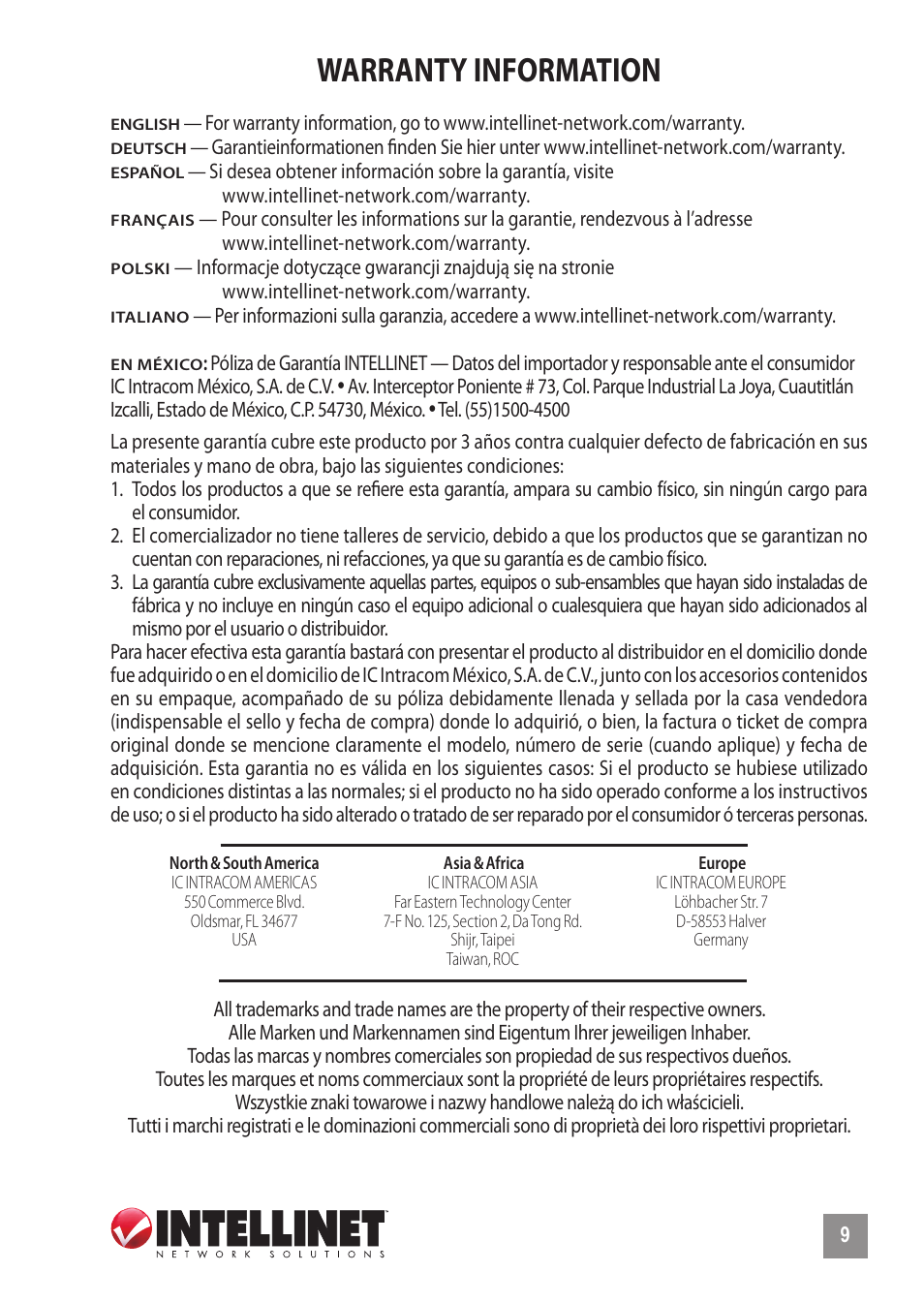 Warranty information | INTELLINET NETWORK 524117 8-Port Gigabit Ethernet Switch User Manual | Page 9 / 12