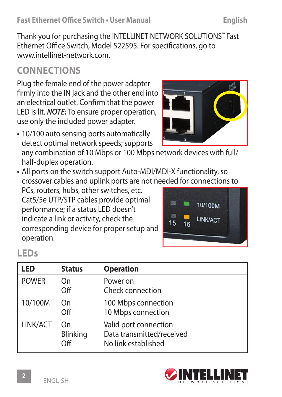 Connections, Leds | INTELLINET NETWORK 522595 16-Port Fast Ethernet Office Switch User Manual | Page 2 / 12