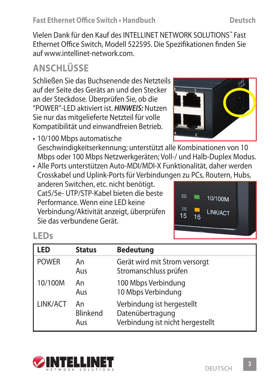 Anschlüsse, Leds | INTELLINET NETWORK 522595 16-Port Fast Ethernet Office Switch User Manual | Page 3 / 12