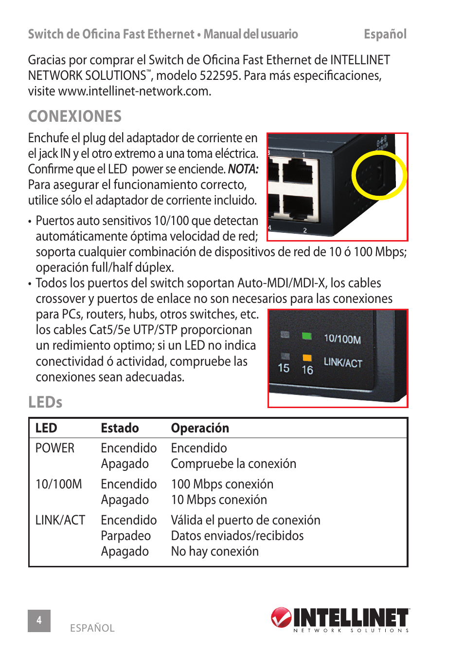 Conexiones, Leds | INTELLINET NETWORK 522595 16-Port Fast Ethernet Office Switch User Manual | Page 4 / 12