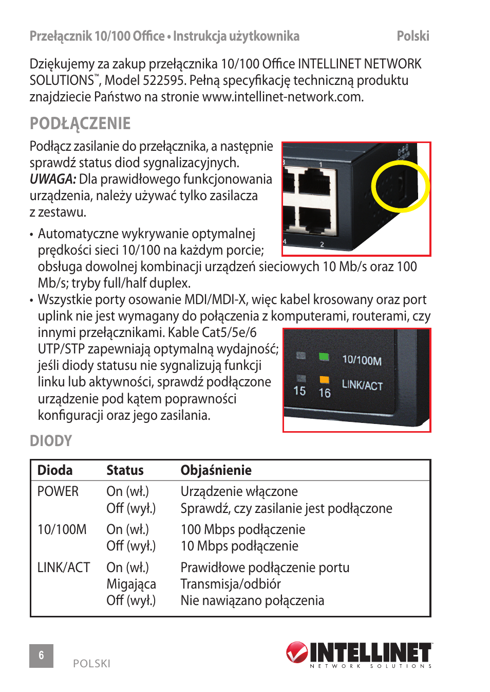 Podłączenie | INTELLINET NETWORK 522595 16-Port Fast Ethernet Office Switch User Manual | Page 6 / 12