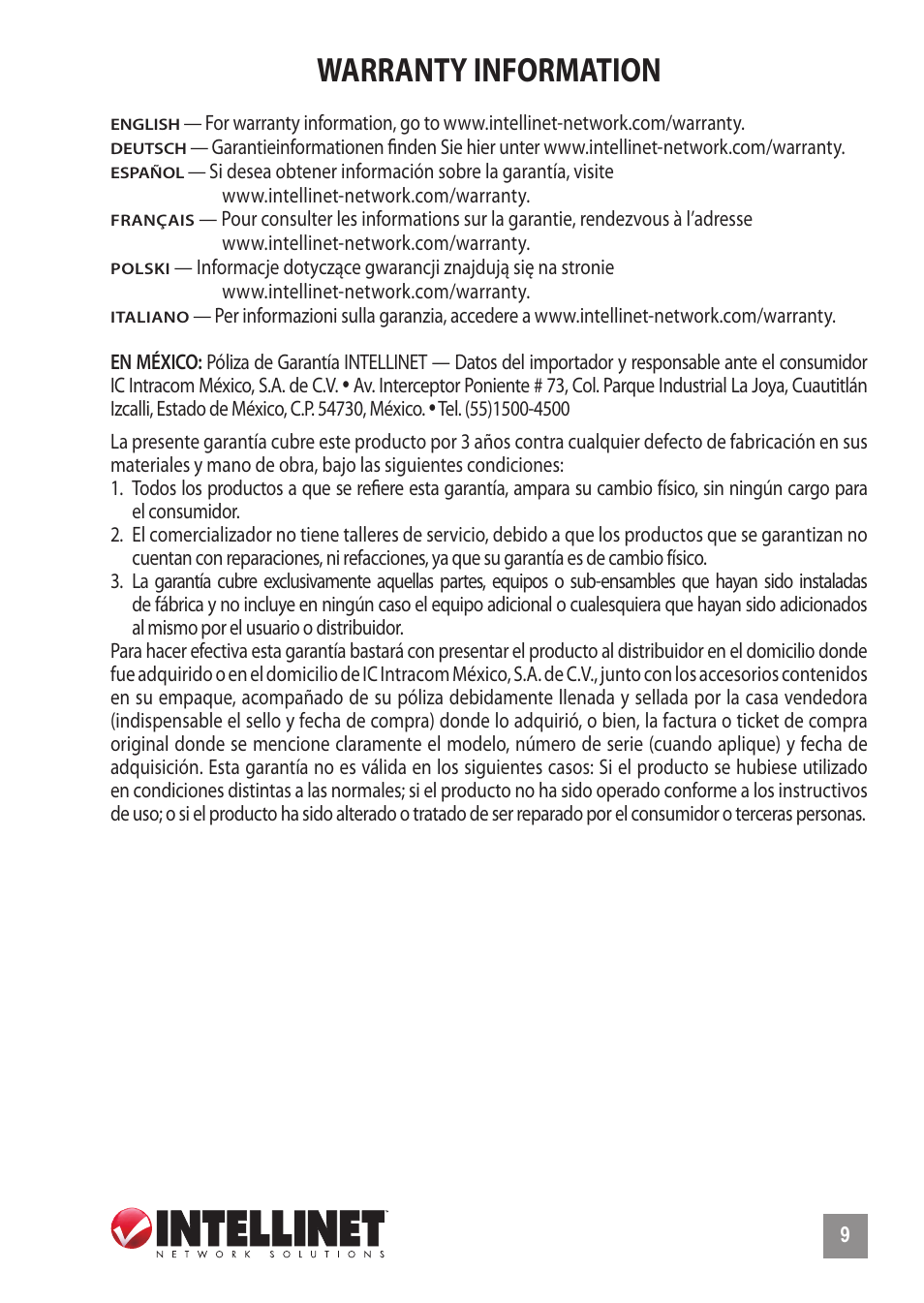 Warranty information | INTELLINET NETWORK 522595 16-Port Fast Ethernet Office Switch User Manual | Page 9 / 12