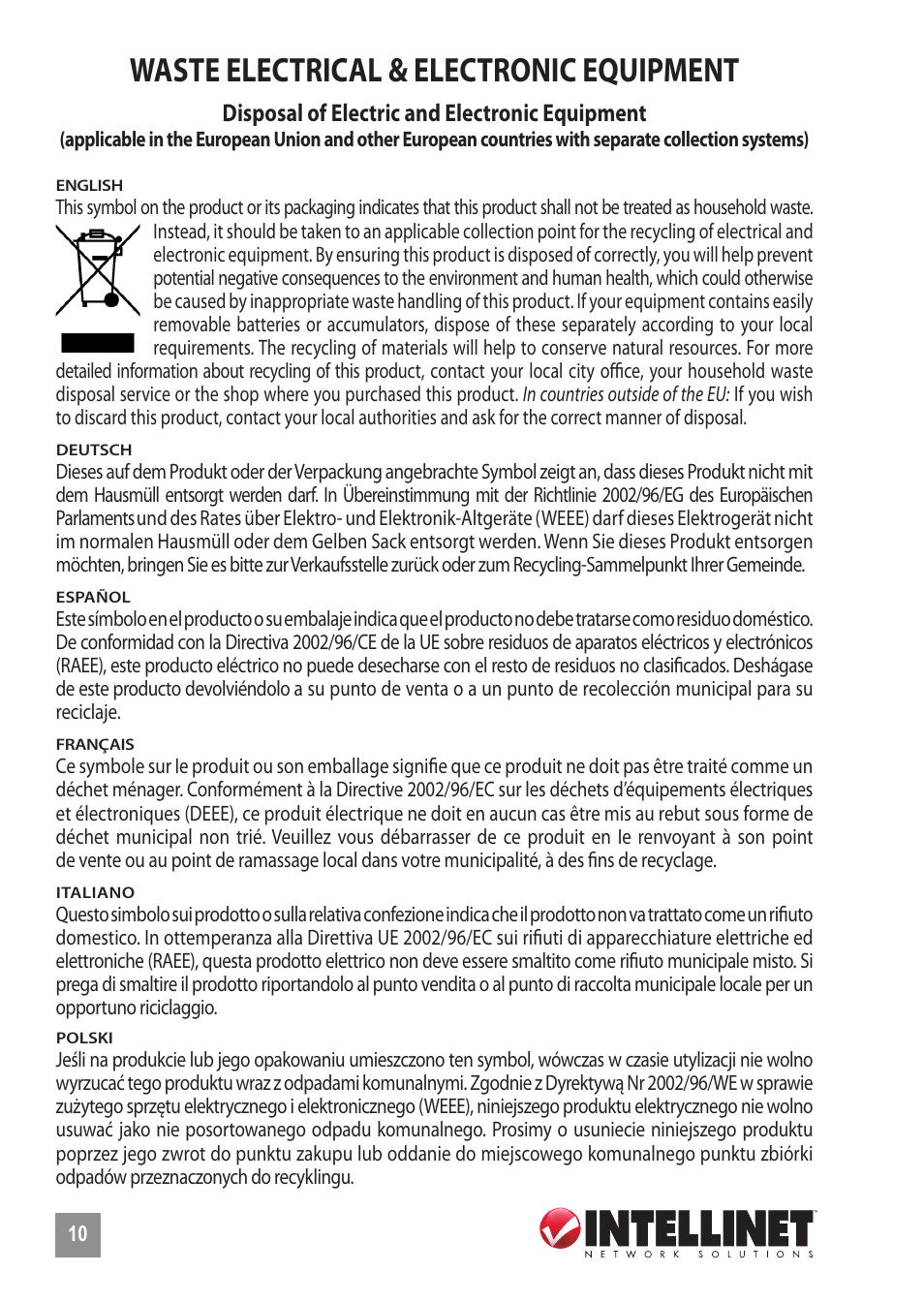 Waste electrical & electronic equipment | INTELLINET NETWORK 523301 8-Port Fast Ethernet Office Switch User Manual | Page 10 / 12