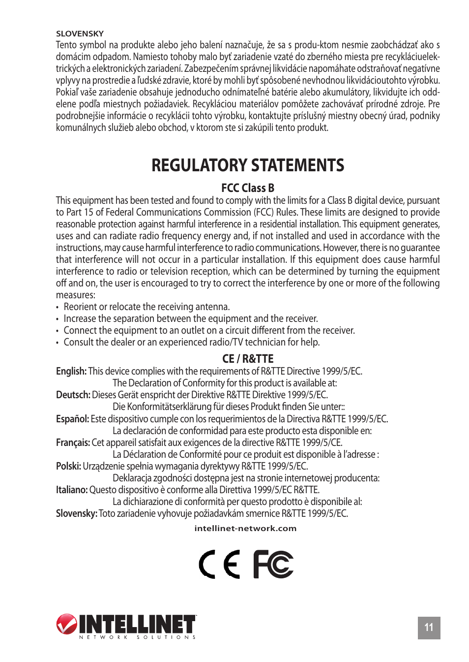 Regulatory statements | INTELLINET NETWORK 523301 8-Port Fast Ethernet Office Switch User Manual | Page 11 / 12