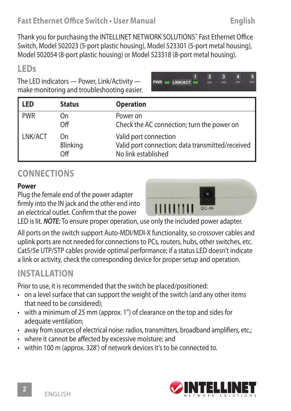 Leds, Connections, Installation | Fast ethernet office switch • user manual english | INTELLINET NETWORK 523301 8-Port Fast Ethernet Office Switch User Manual | Page 2 / 12