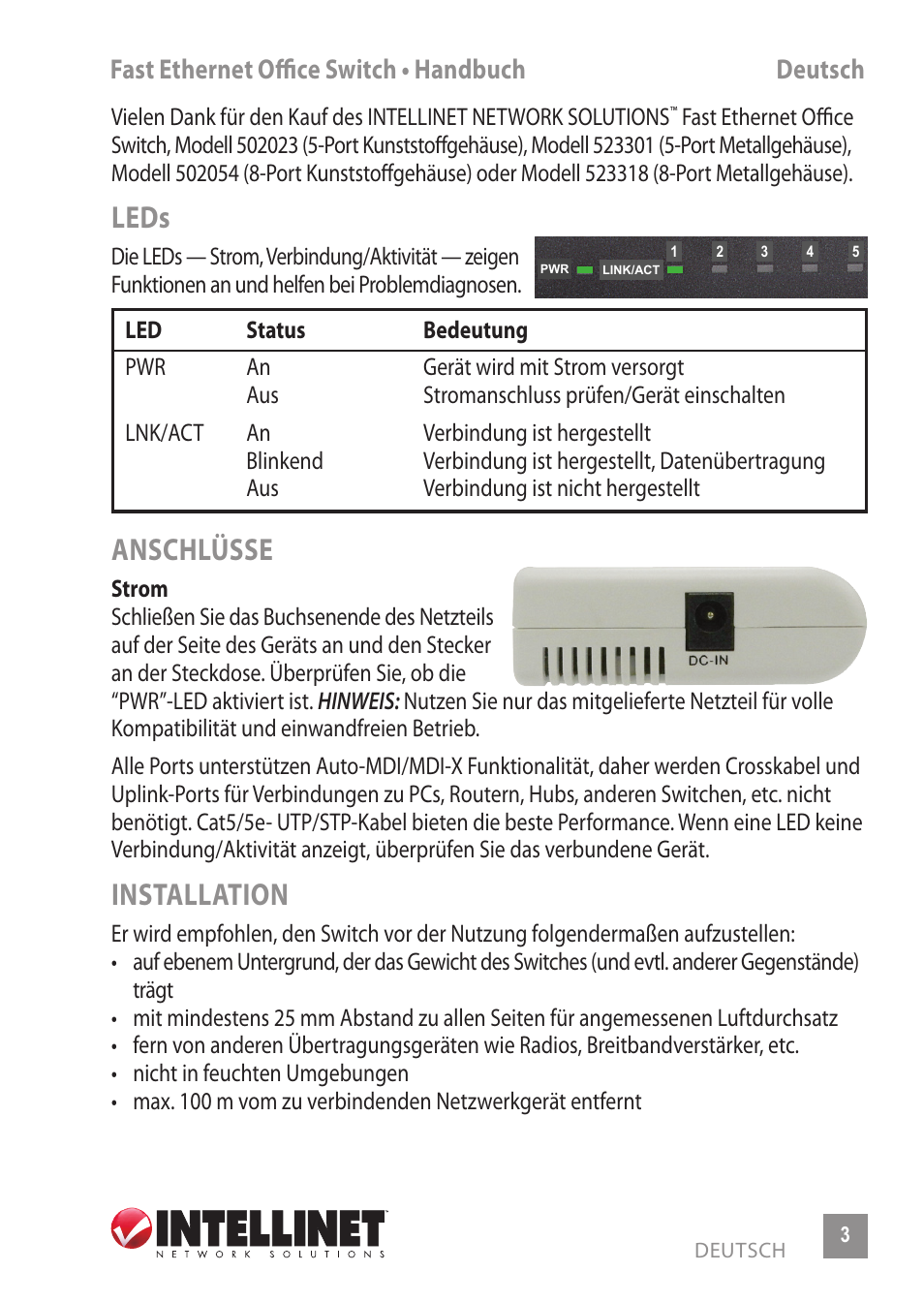 Leds, Anschlüsse, Installation | Fast ethernet office switch • handbuch deutsch | INTELLINET NETWORK 523301 8-Port Fast Ethernet Office Switch User Manual | Page 3 / 12