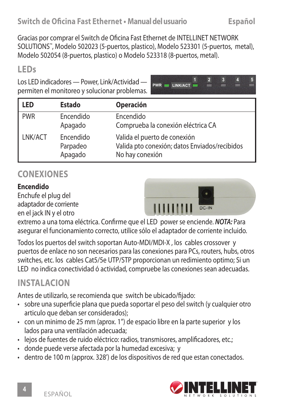 Leds, Conexiones, Instalacion | INTELLINET NETWORK 523301 8-Port Fast Ethernet Office Switch User Manual | Page 4 / 12