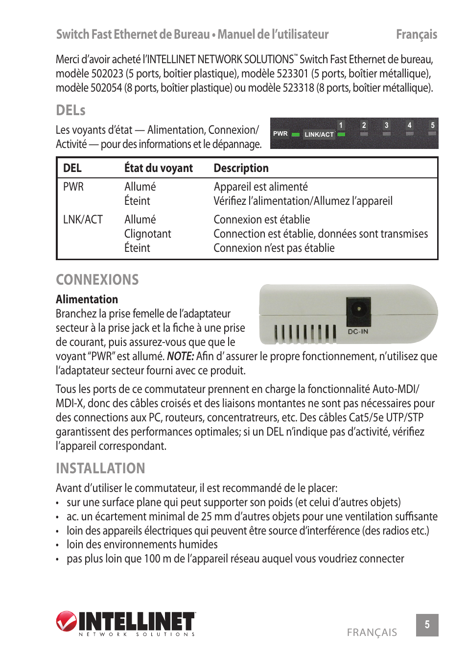 Dels, Connexions, Installation | INTELLINET NETWORK 523301 8-Port Fast Ethernet Office Switch User Manual | Page 5 / 12