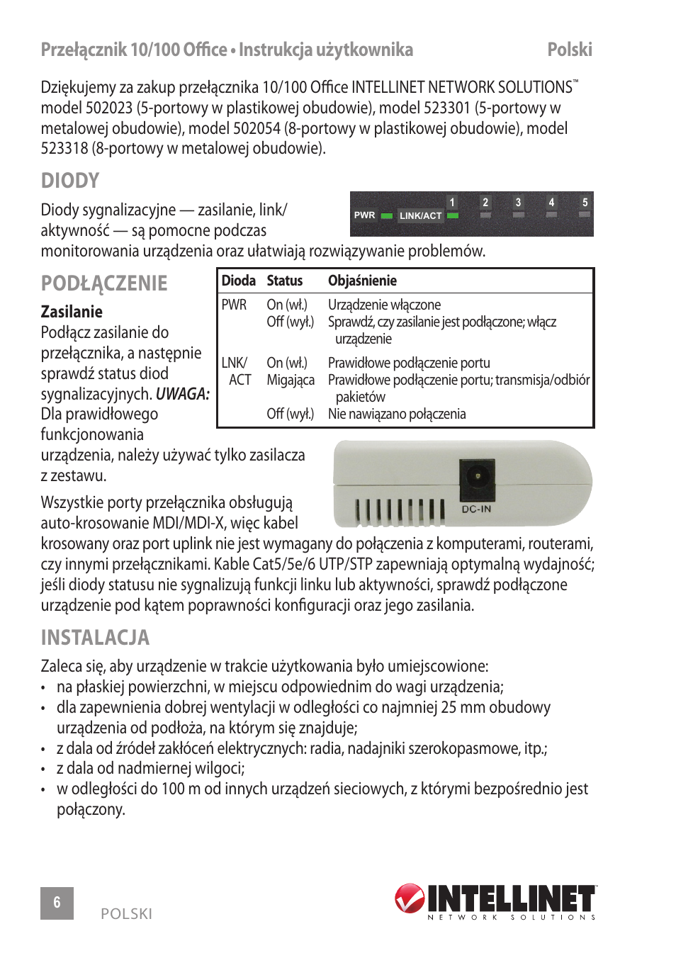 Diody, Podłączenie, Instalacja | INTELLINET NETWORK 523301 8-Port Fast Ethernet Office Switch User Manual | Page 6 / 12
