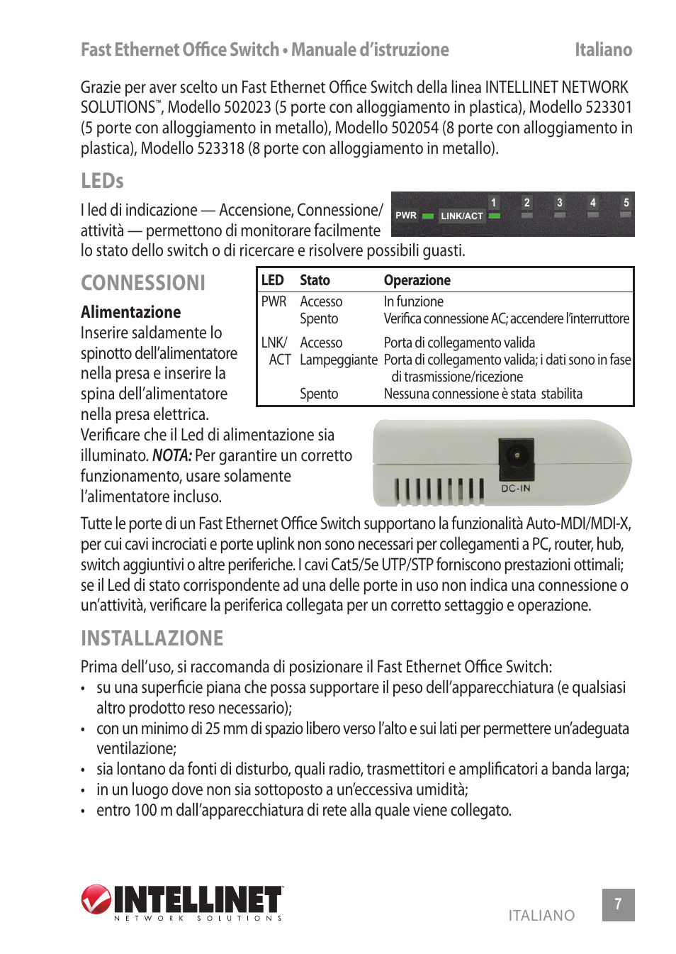 Leds, Connessioni, Installazione | INTELLINET NETWORK 523301 8-Port Fast Ethernet Office Switch User Manual | Page 7 / 12