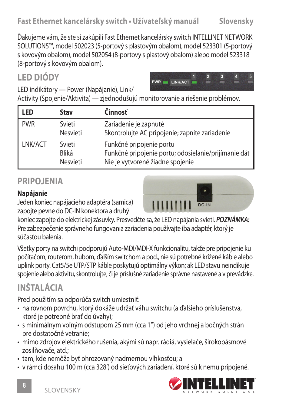 Led diódy, Pripojenia, Inštalácia | INTELLINET NETWORK 523301 8-Port Fast Ethernet Office Switch User Manual | Page 8 / 12