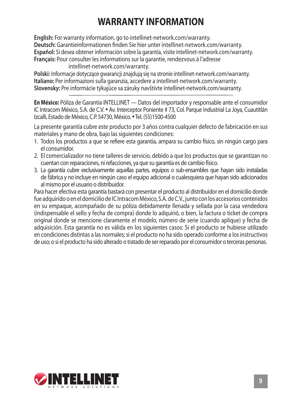 Warranty information | INTELLINET NETWORK 523301 8-Port Fast Ethernet Office Switch User Manual | Page 9 / 12