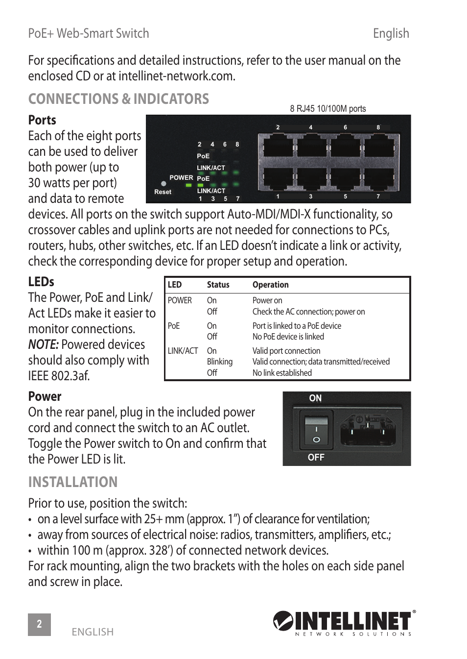 Connections & indicators, Installation | INTELLINET NETWORK 560665 8-Port High-Power PoE Web-Smart Switch User Manual | Page 2 / 12