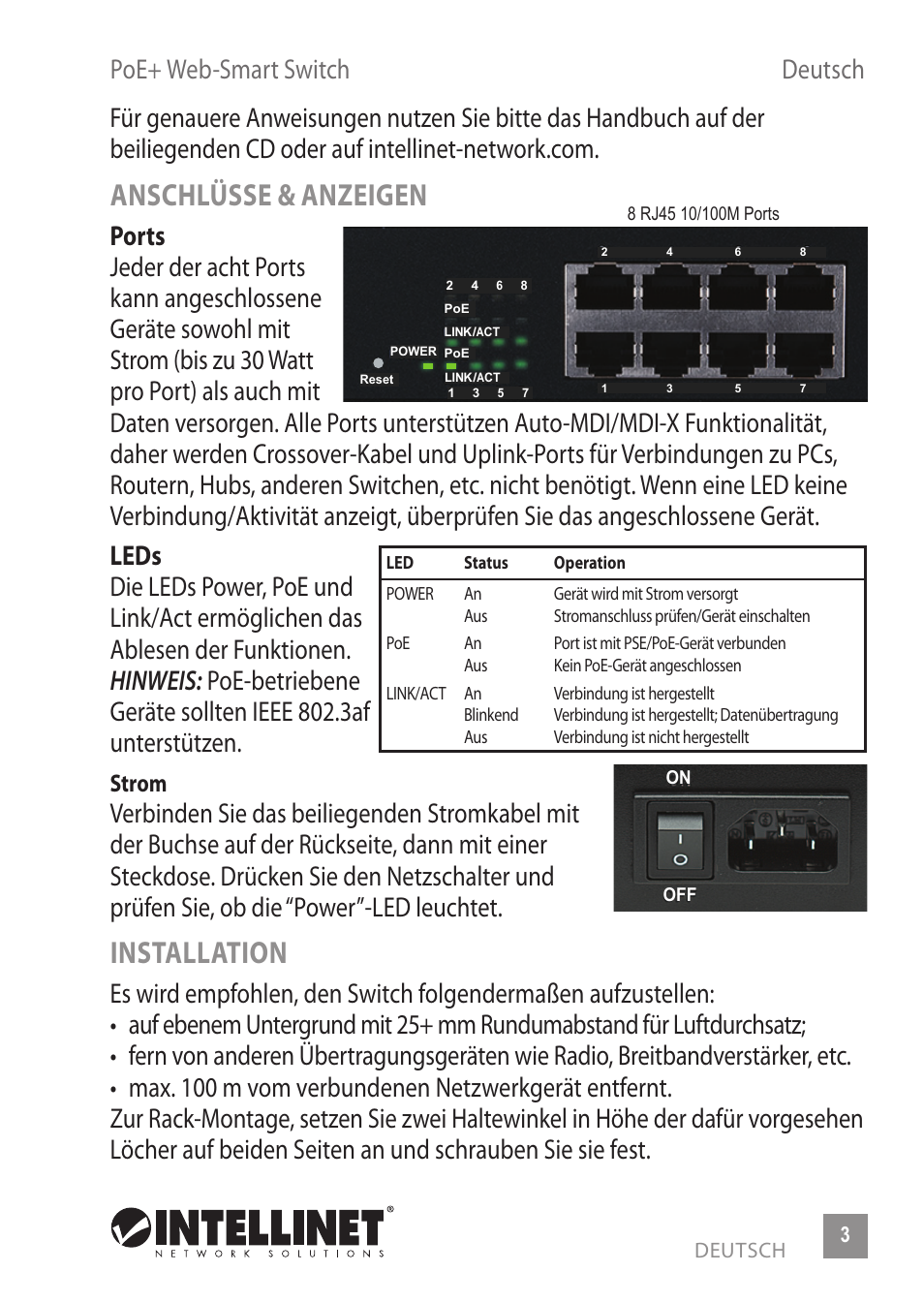 Anschlüsse & anzeigen, Installation | INTELLINET NETWORK 560665 8-Port High-Power PoE Web-Smart Switch User Manual | Page 3 / 12