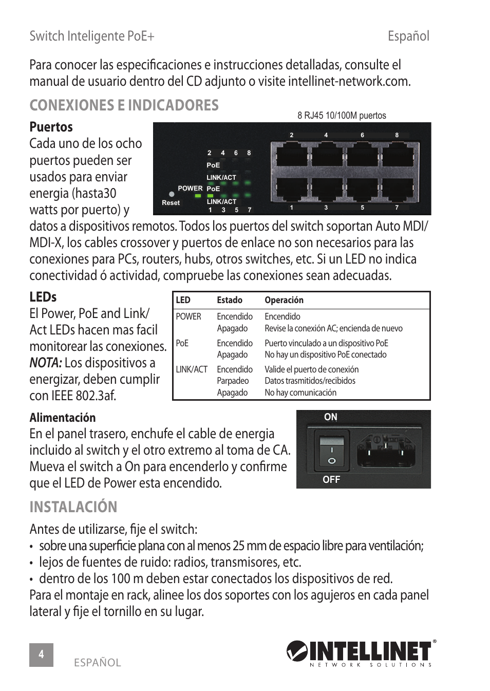 Conexiones e indicadores, Instalación | INTELLINET NETWORK 560665 8-Port High-Power PoE Web-Smart Switch User Manual | Page 4 / 12