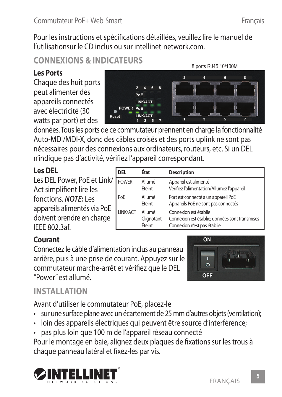 Connexions & indicateurs, Installation | INTELLINET NETWORK 560665 8-Port High-Power PoE Web-Smart Switch User Manual | Page 5 / 12