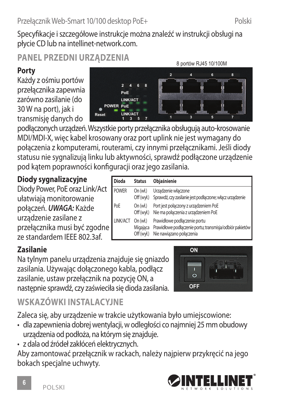 Panel przedni urządzenia, Wskazówki instalacyjne | INTELLINET NETWORK 560665 8-Port High-Power PoE Web-Smart Switch User Manual | Page 6 / 12