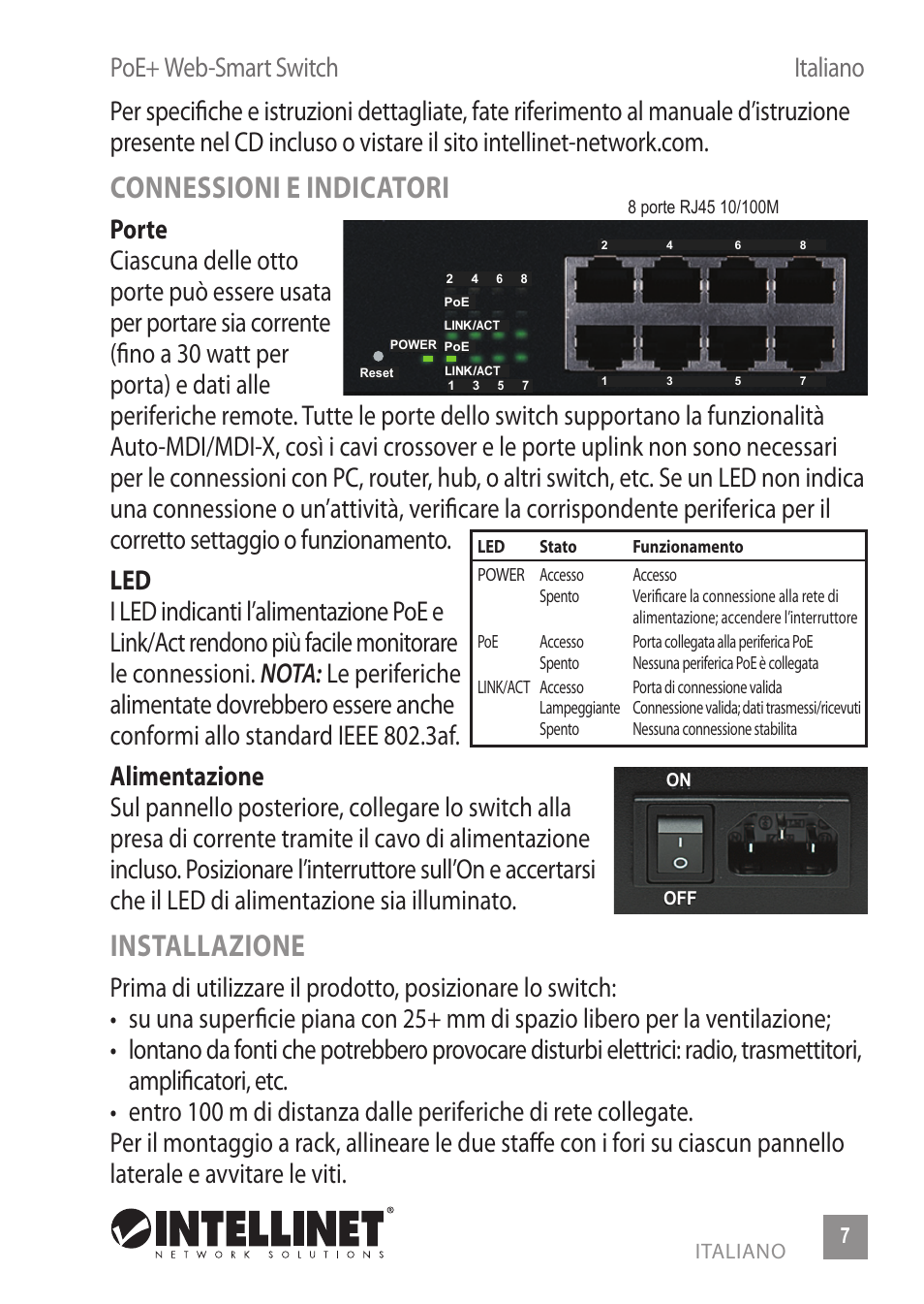 Connessioni e indicatori, Installazione | INTELLINET NETWORK 560665 8-Port High-Power PoE Web-Smart Switch User Manual | Page 7 / 12