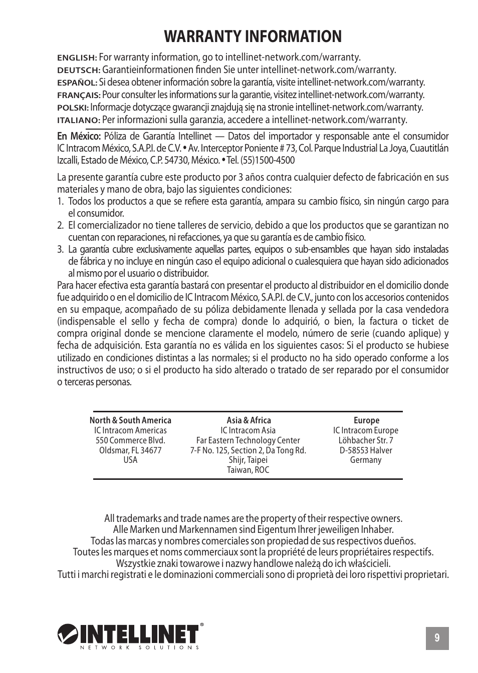 Warranty information | INTELLINET NETWORK 560665 8-Port High-Power PoE Web-Smart Switch User Manual | Page 9 / 12