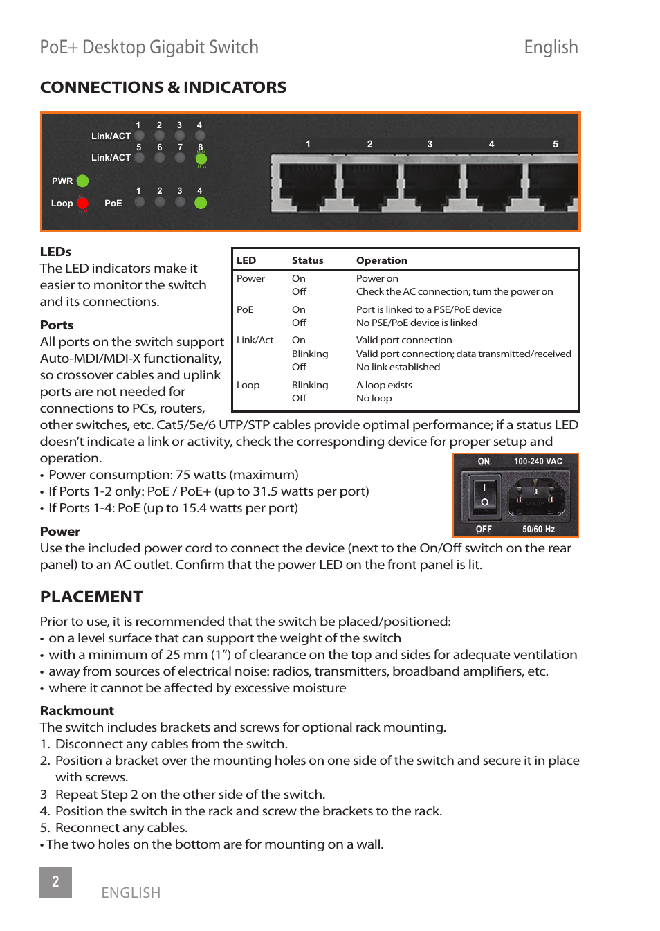 Poe+ desktop gigabit switch english, Connections & indicators, Placement | 2english | INTELLINET NETWORK 560856 8 Ports Gigabit PoE+ Desktop Ethernet Switch (4+4) User Manual | Page 2 / 12