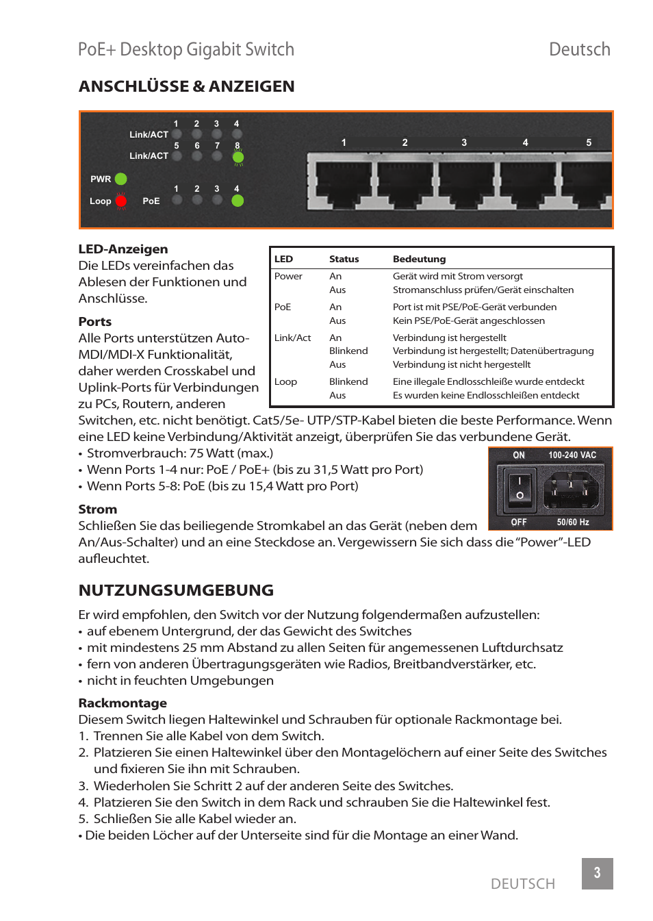 Poe+ desktop gigabit switch deutsch, Anschlüsse & anzeigen, Nutzungsumgebung | Deutsch 3 | INTELLINET NETWORK 560856 8 Ports Gigabit PoE+ Desktop Ethernet Switch (4+4) User Manual | Page 3 / 12