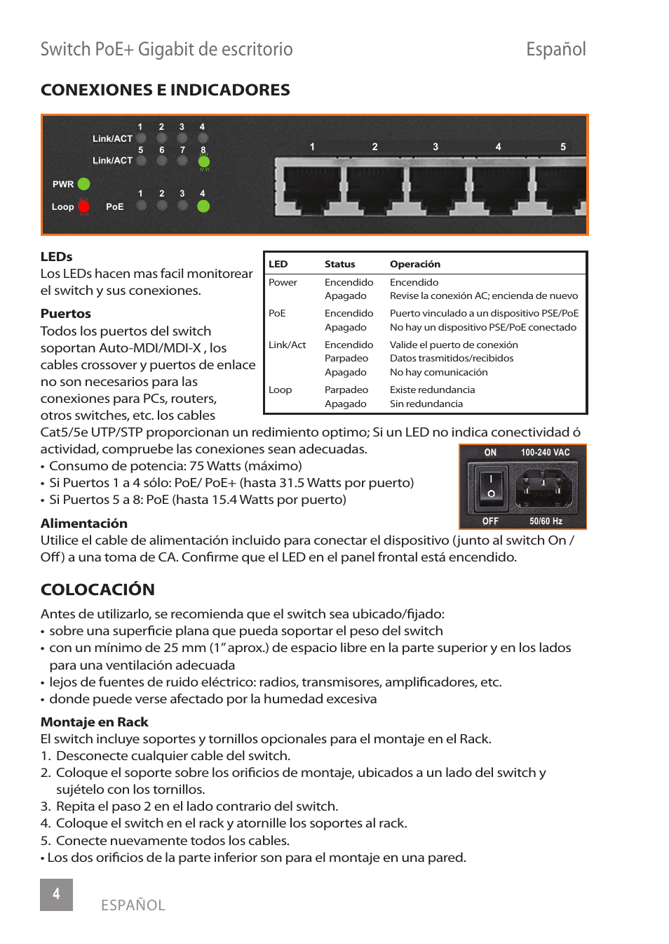 Switch poe+ gigabit de escritorio español, Conexiones e indicadores, Colocación | 4español | INTELLINET NETWORK 560856 8 Ports Gigabit PoE+ Desktop Ethernet Switch (4+4) User Manual | Page 4 / 12