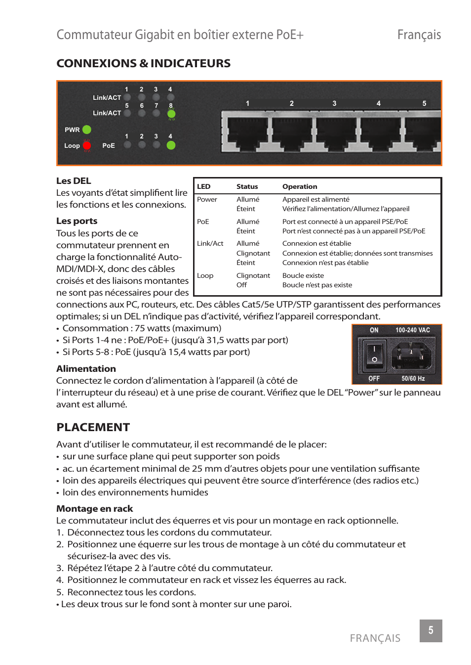 Connexions & indicateurs, Placement, Français 5 | INTELLINET NETWORK 560856 8 Ports Gigabit PoE+ Desktop Ethernet Switch (4+4) User Manual | Page 5 / 12
